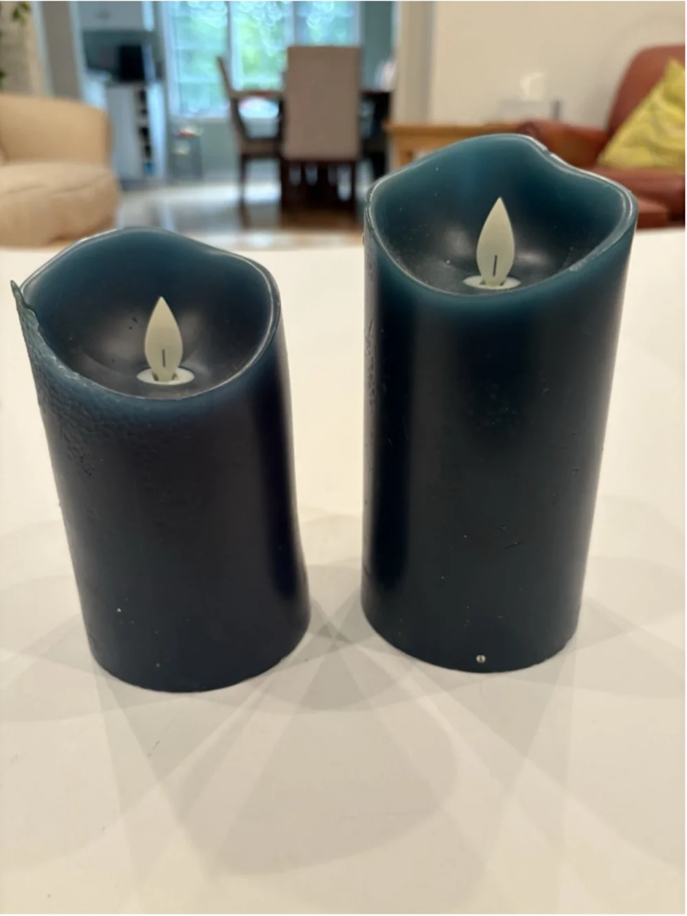 2 green Pillar Artifical Flame Candles-holiday Ambience-real Wax-country Cottage